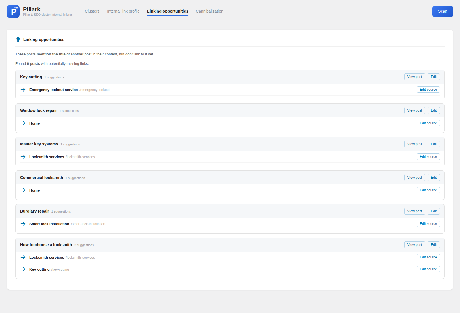 The linking opportunities screen listing pages that mention another page without linking to it.